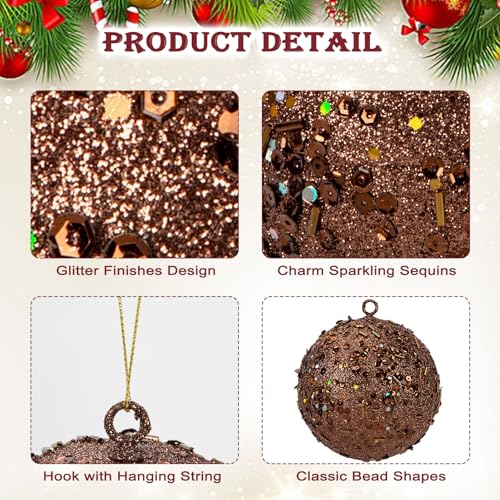 Oairse Bronze 4" Large Christmas Ornaments Set of 6 - Shatterproof Glitter Ball Bulk Xmas Tree Decor