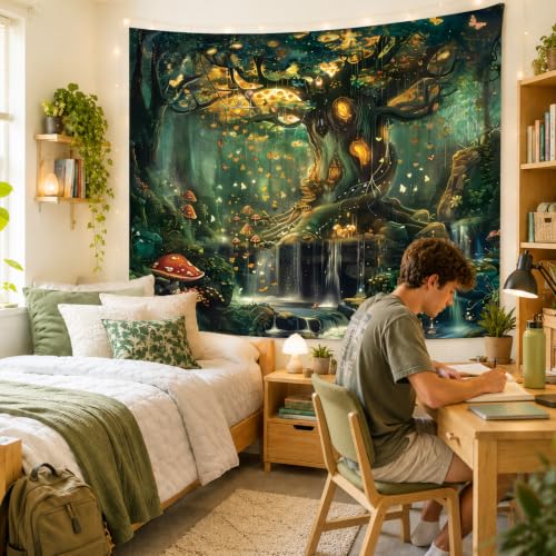 Forest Tree of Life Wall Tapestry - Green Nature Landscape Decor (51"x60")