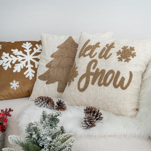 Rope Embroidered Christmas Tree Pillow Cover 18x18in Burlap Rustic Farmhouse Holiday Decor - Pack of 1