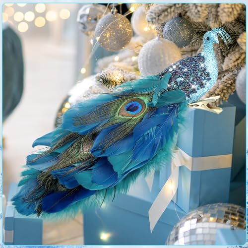4 Pack Peacock Christmas Tree Ornaments with Feathers - Holiday Decorations