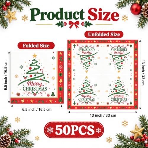 Christmas Tree Party Napkins - 50 Pack, 6.5 Inch Holiday Cocktail Paper Napkins