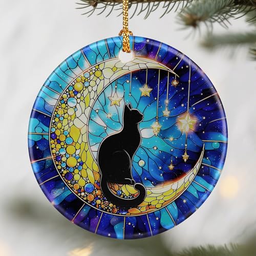 Jocidea Black Cat-moon Christmas Ornament – Ceramic Holiday Decor, Gift Boxed