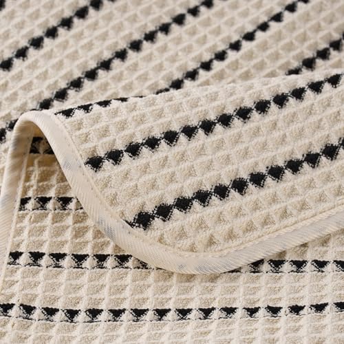 POLYTE 430 GSM Microfiber Waffle Wash Cloth Face Towel - Light Beige/Black, 13x13 in