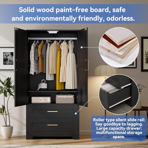 Freestanding Wooden Wardrobe Armoire with Hanging Rod and Drawers - Black