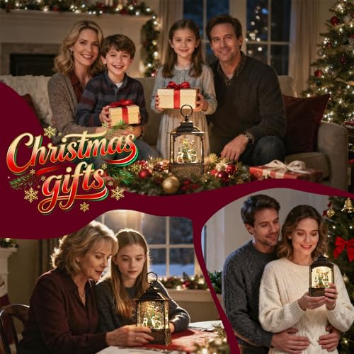 Christmas Snow Globe Lantern with Music & Lights - Flying Santa Scene, Giftable Holiday Decor