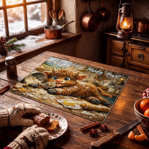 Kathfly Highland Cow Christmas Glass Cutting Board - Farmhouse Kitchen Decor