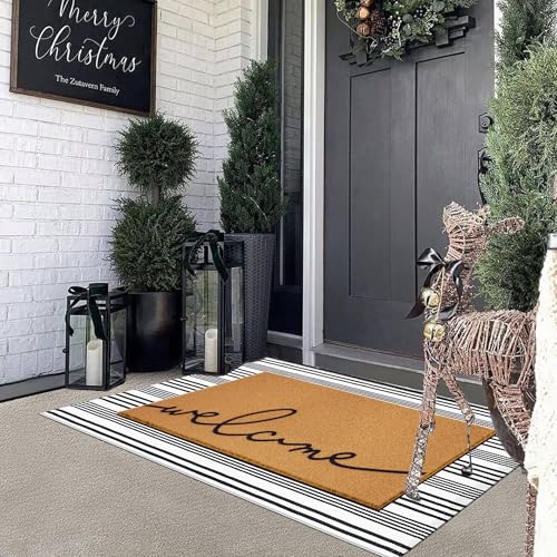 2-Piece Layered Welcome Doormat Set, Non-Slip Striped Farmhouse Porch Rug