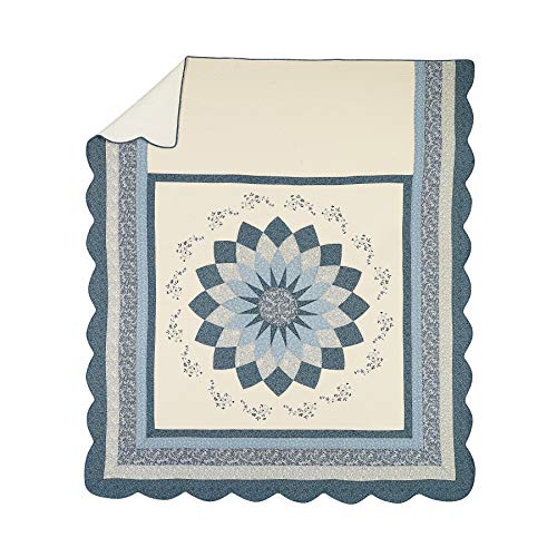 Blue Floral Quilted Bedspread - Lightweight Cotton Queen Bedding