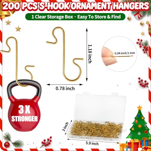 Gold 200PCS Christmas Ornament Hooks S-Shaped Hangers with Storage Box