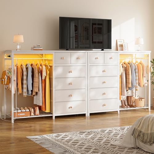 49-Inch Dresser with Hanging Rack, 6 Drawers, LED Lights & Charging Station