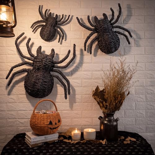 Woven Rattan Spider Halloween Decor - Handcrafted 3-Piece Black Rustic Set