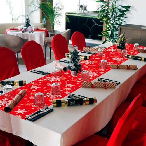 Red Snowflake 6-Pc Plastic Table Runners Set 14x108in for Christmas Party