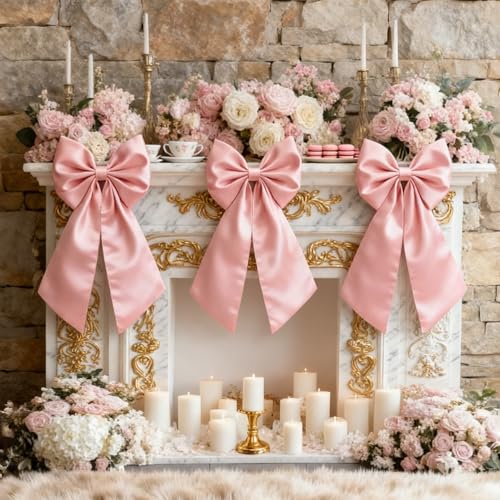 Large Pink Satin Bows for Coquette Room Decor & Events (23x11 In, 3 Pack)