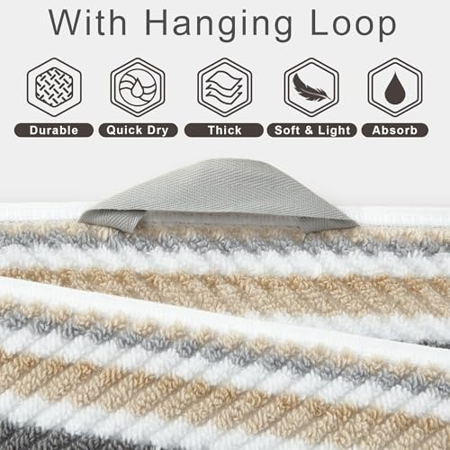 6-Piece Striped Cotton Towel Set with Hanging Loops, Gray and Beige