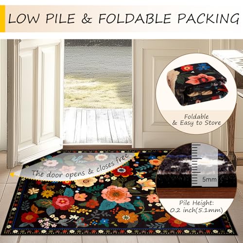 Floral Washable 5x7 Area Rug - Non-Slip Low-Pile Boho Flower Carpet