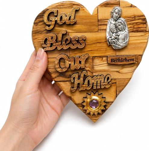 Olive Wood Holy Family Heart Plaque – Bethlehem Carved Wall Decor with Pewter Medallion & Frankincense Capsule