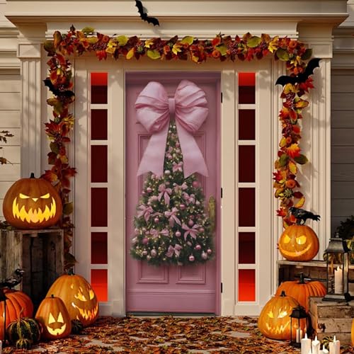 Burbuja 35 x 79 in Pink Bow Christmas Door Cover - Stretch Fabric Backdrop for Home Holiday Decor