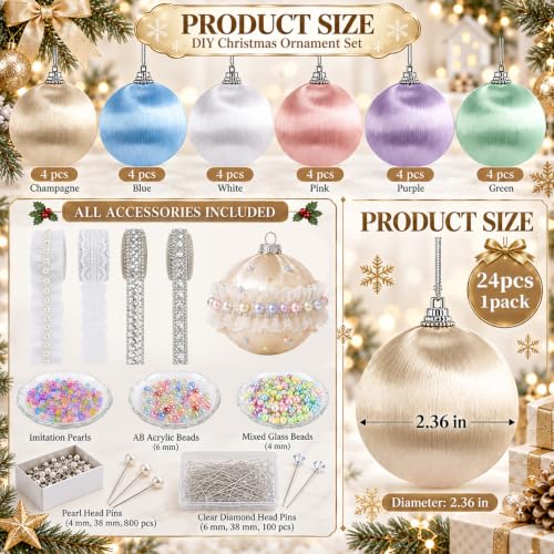 24-Piece Satin Christmas Ornament Kit with Pins & Embellishments for DIY Ball Ornaments