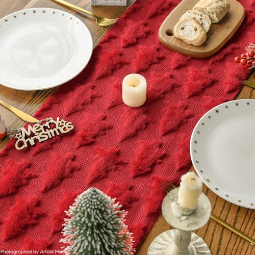 Artoid Mode Christmas Tree Table Runner 13x60 Inch Red Faux Plush Holiday Decor
