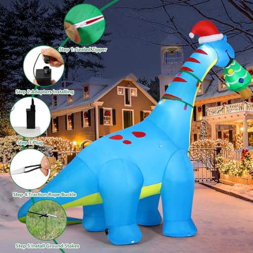 10FT Christmas Dinosaur Inflatable Yard Decor with Christmas Tree Lights