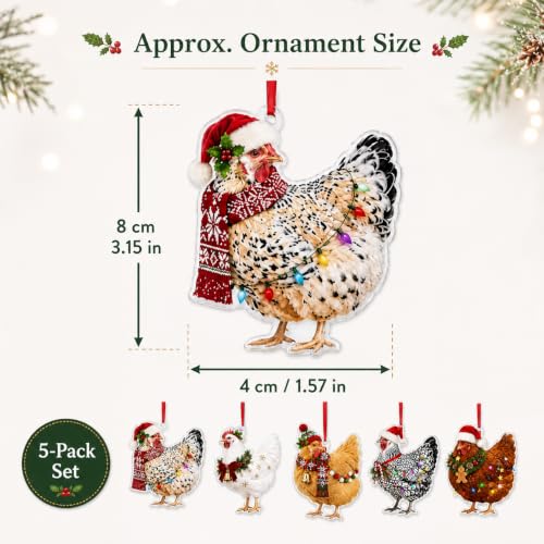 Funny Chicken Christmas Ornaments - Farmhouse Holiday Tree Decorations (Set of 5)