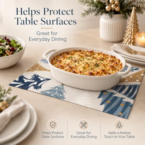 Merry Christmas Placemats Set of 4 - 12x18 in with Christmas Trees (Blue/White) by Taskoge