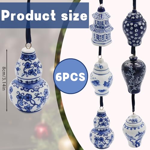 CX Mpapali 6pc Chinoiserie Ginger Jar Ornaments - Blue & White Porcelain Hanging Christmas Decorations (Classic Style)