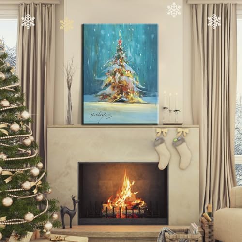 JZLDZS Christmas Tree Canvas Wall Art 24x32 Inches Framed Blue & Yellow Holiday Decor