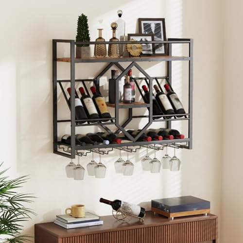 31.5" Wall Mounted Wine Rack with LED Lights and Glass Holder