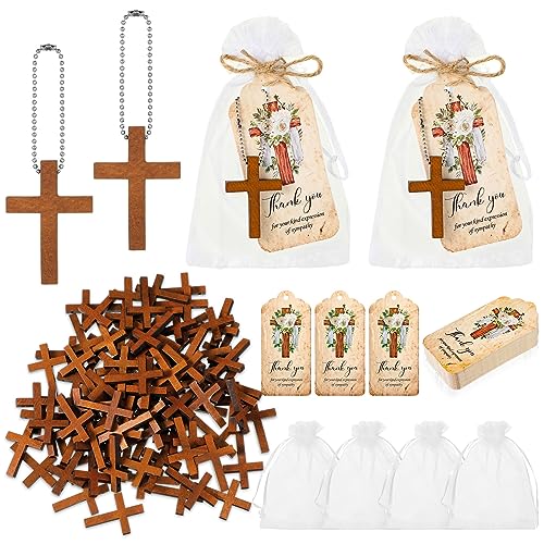 100-Piece Funeral Favor Set with Wooden Cross Keychains and Thank You Cards