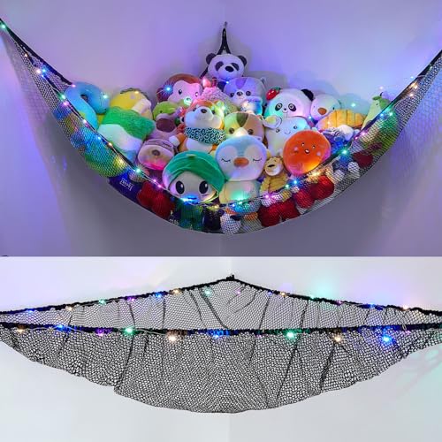 Stuffed Animals Hammock with LED Lights Corner Toy Storage Net