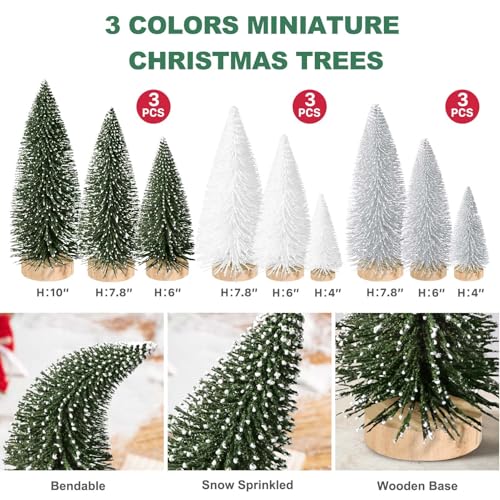 KPX 9pcs Mini Christmas Tree Set - Green, Silver, White Desktop Artificial Pine Trees with Wooden Bases