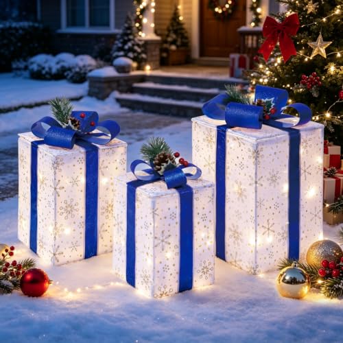 DomKom Blue Rectangular Lighted Gift Boxes Set of 3 Christmas Decorations