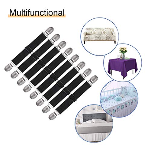 Adjustable Elastic Bed Sheet Straps & Fastener Clips, 8-Pack (Black)