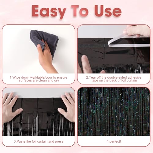 Black Foil Fringe Backdrop Curtains - 2 Pack Tinsel Streamers for Parties