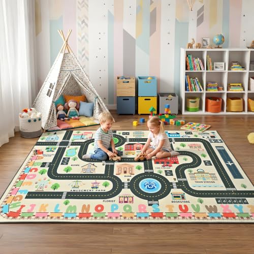 4'x6' Kids Road Play Rug - Washable Non-Slip City Town Traffic Playmat