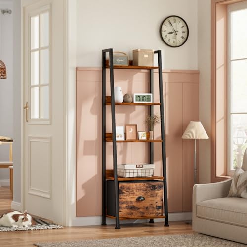 5-Tier Industrial Ladder Shelf with Fabric Drawer, Rustic Wood Bookshelf