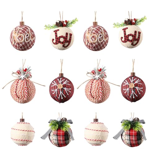 12 Piece Rustic Christmas Tree Ornaments - Farmhouse Burlap Decorations