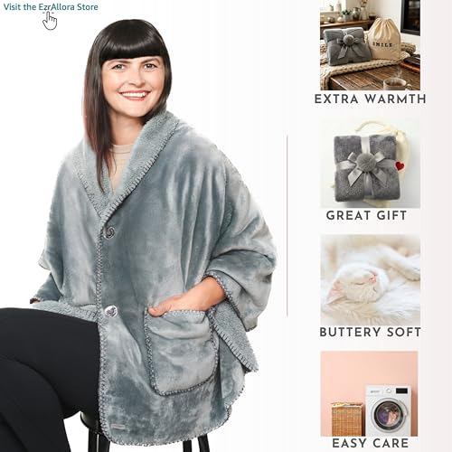 Double Layer Sherpa Poncho Blanket - Wearable Fleece Cape for Home