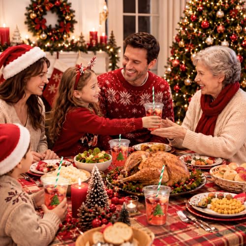 FoldTier 100 Pack Christmas Plastic Cups with Lids and Straws - Holiday Tree Design