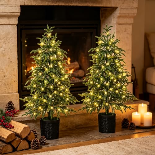 Juegoal 3FT Pre-Lit Artificial Norfolk Christmas Tree Pair with 8 Lighting Modes