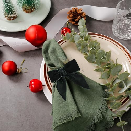 Wonlex Green Christmas Bow Napkin Rings Set of 8 Velvet Holiday Table Decor