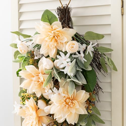 28-Inch Peach Dahlia Artificial Floral Teardrop Swag for Front Door