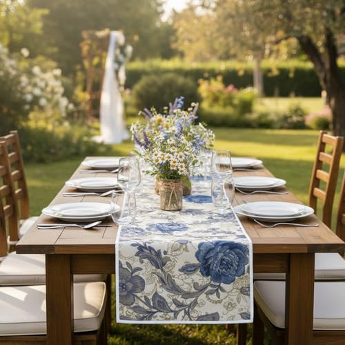 Blue Flower Table Runner for Dinner Party & Wedding Decor - Cream White & Blue, 12 x 33 Inch