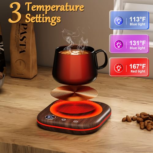 MQUPIN Wood Grain Coffee Mug Warmer with LED Lights, 3 Temp Settings, Auto Shut Off