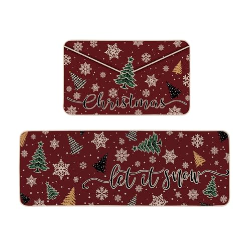 Moutina Let It Snow Christmas Kitchen Rugs Set of 2, Red 17x29 & 17x47 Inch