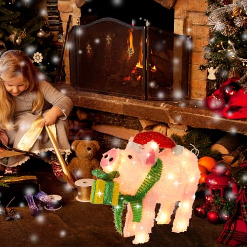 Lighted Christmas Pig Decoration with Santa Hat & Gift Box (Pink) - Battery-Powered