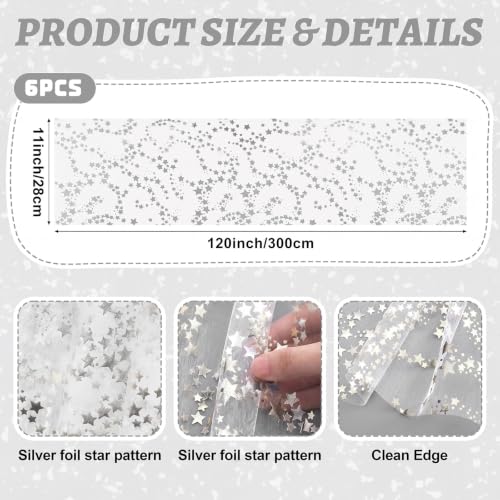 6 Pcs Silver Star Table Runner Set - 11x118in Organza Glitter Chiffon, Shihanee Classic