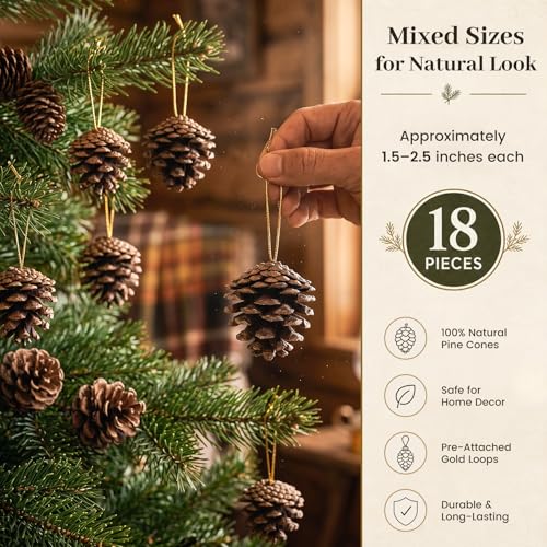 18-Piece Natural Hanging Pine Cones (1.5"-2.5") - Rustic Holiday Decor