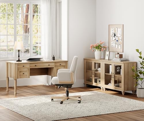 56-Inch Farmhouse Executive Desk and Glass Door Cabinet Office Set